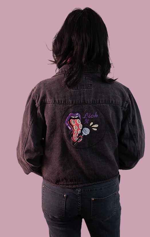 Vintage Black Denim Jacket Tasty Collection – Embroidered “Lick It” Psychedelic Tentacle Tongue Design | Upcycled Streetwear