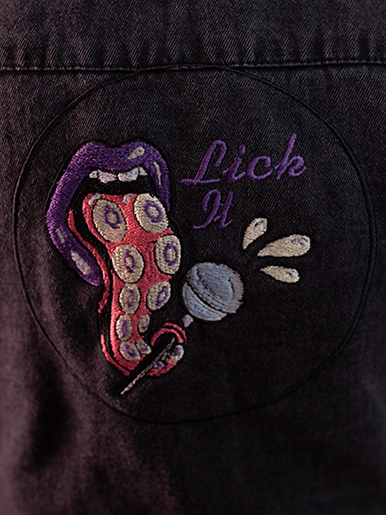 Vintage Black Denim Jacket Tasty Collection – Embroidered “Lick It” Psychedelic Tentacle Tongue Design | Upcycled Streetwear